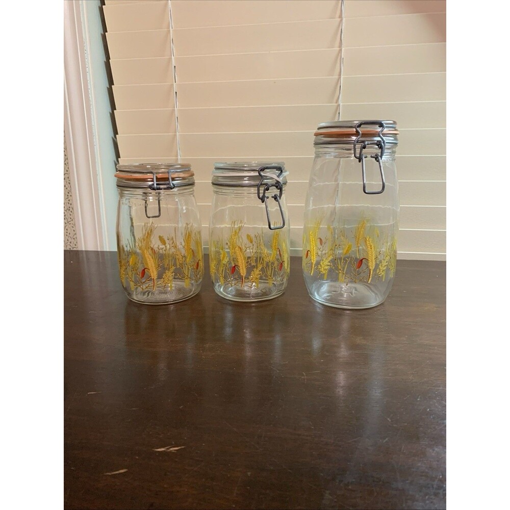 Vtg Arc Wheat Glass Canister Set Made In France 1-8.75” & 2-7”